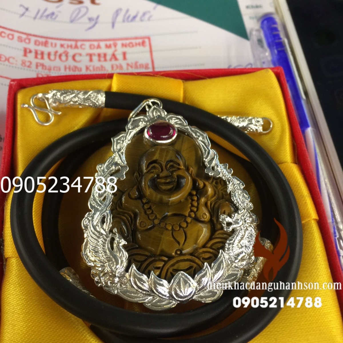 Mặt dây chuyền phật di lặc đá mắt hổ tự nhiên ốp bạc ta nguyên chất rồng cuộn kèm dây rồng 4 đốt DL54