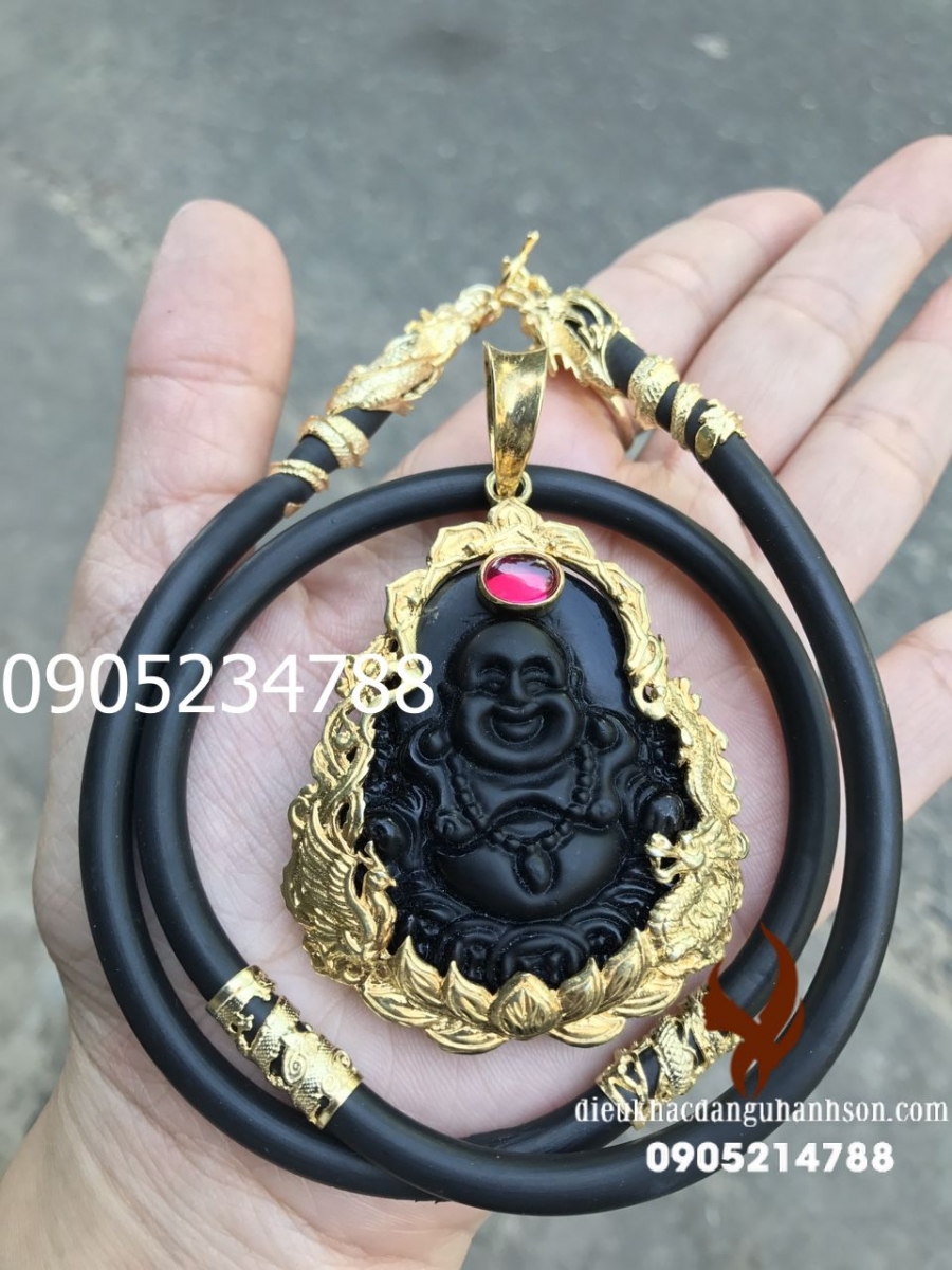 Mặt dây chuyền phật di lặc đá obisidian tự nhiên ốp vàng tây 10k  kèm dây  VB10