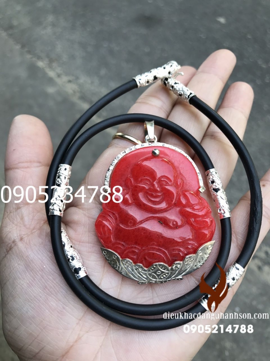 Mặt dây chuyền phật di lặc Ngọc cẩm thạch huyết tự nhiên ốp bạc ta kèm dây rồng DL59