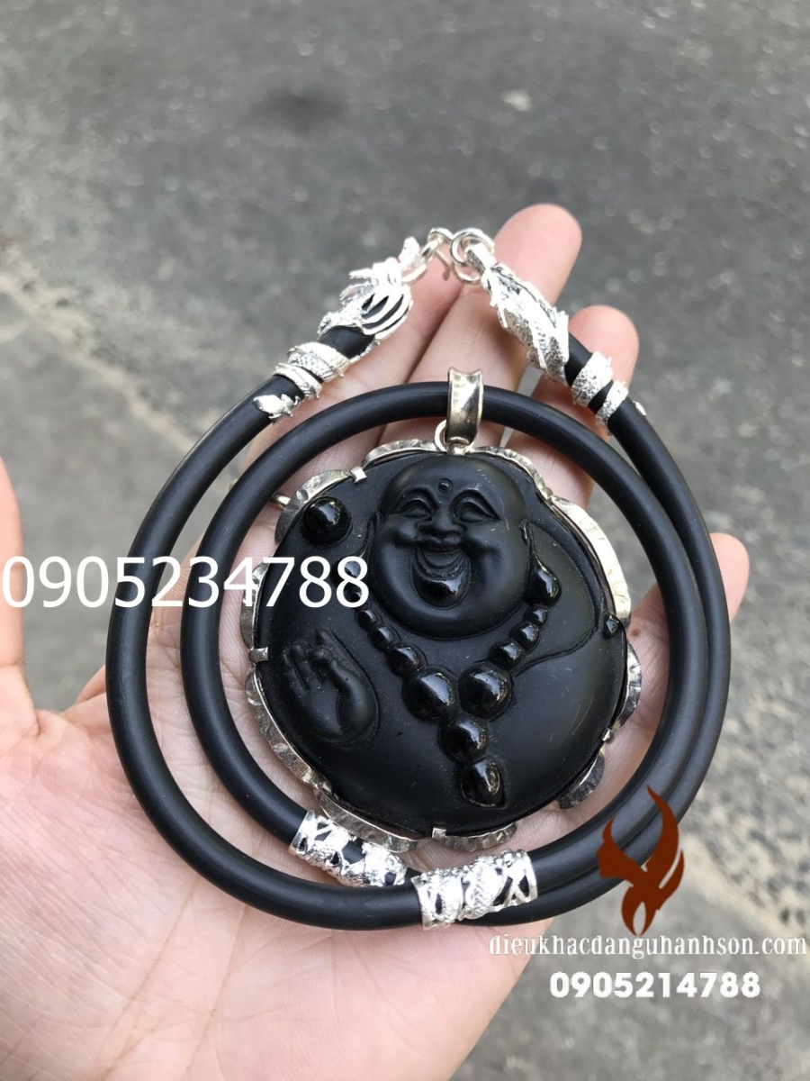 Mặt dây chuyền phật di lặc đá obisidian tự nhiên ốp bạc ta nguyên chất kèm dây rồng DL60