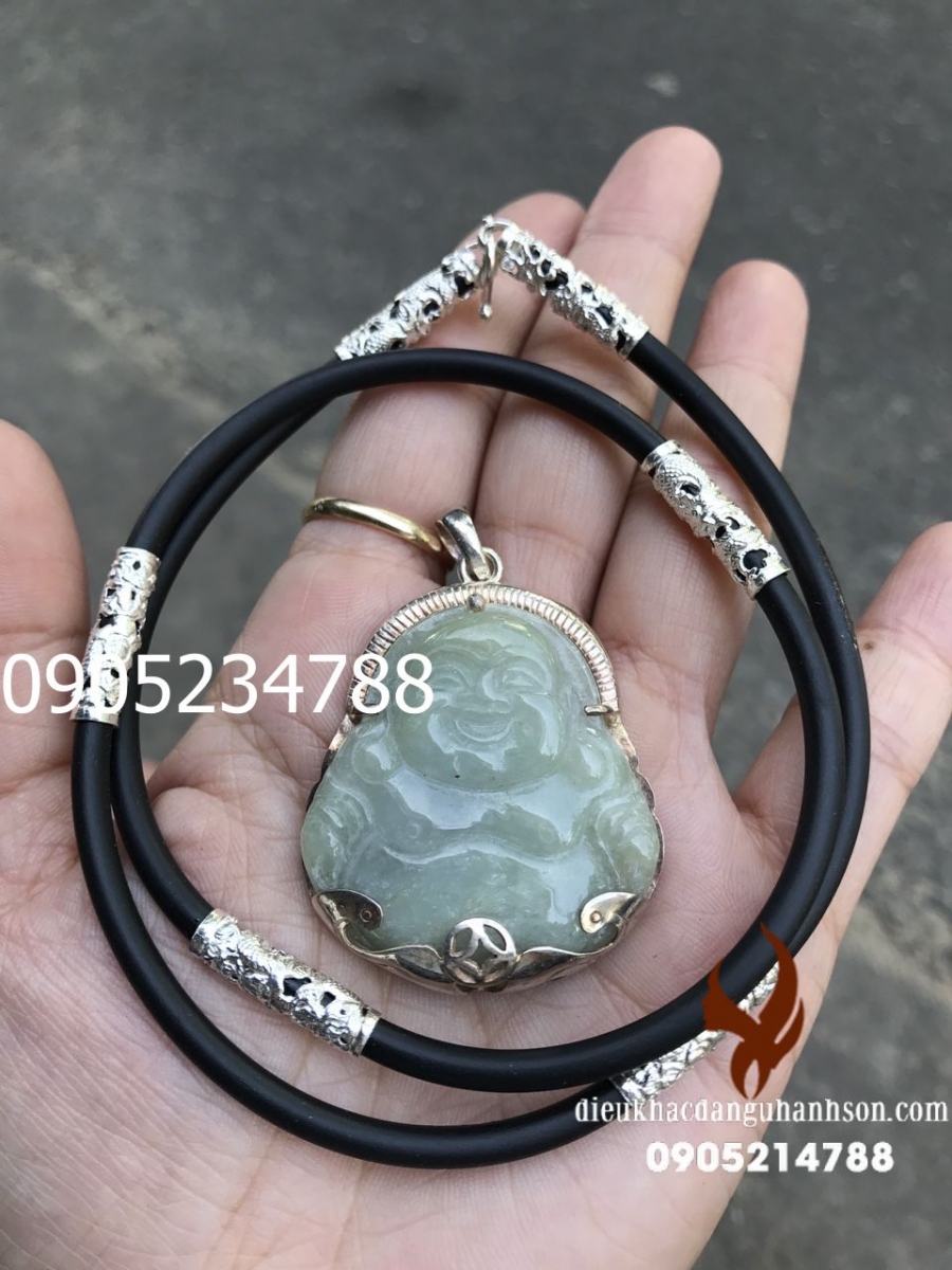 Mặt dây chuyền phật di lặc Ngọc cẩm thạch tự nhiên ốp bạc ta nguyên chất kèm dây rồng DL61