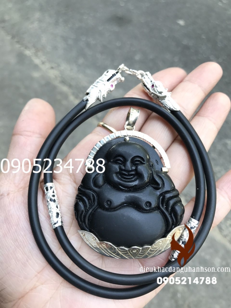 Mặt dây chuyền phật di lặc đá obisidian tự nhiên ốp bạc ta kèm dây rồng DL52