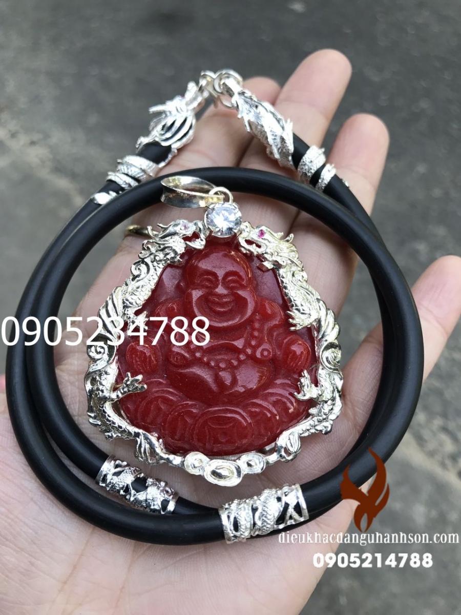 Mặt dây chuyền phật di lặc Ngọc cẩm thạch huyết tự nhiên ốp bạc ta kèm dây rồng DL51