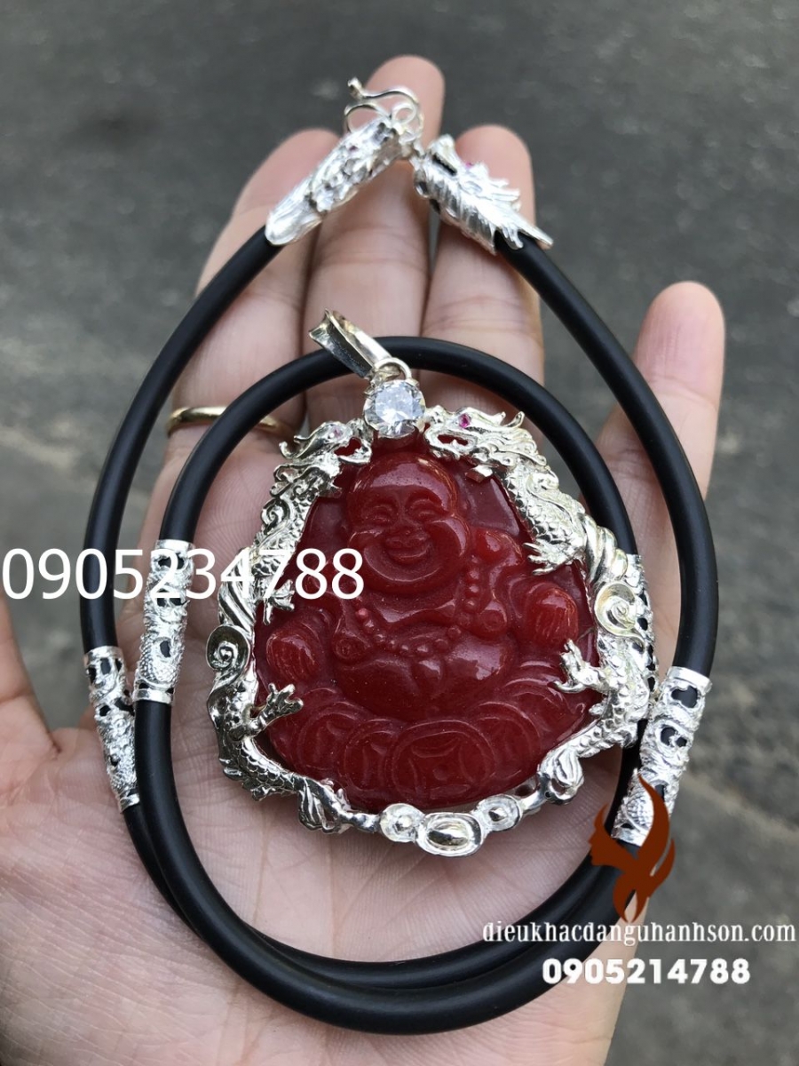 Mặt dây chuyền phật di lặc Ngọc cẩm thạch huyết tự nhiên ốp bạc ta kèm dây rồng DL50