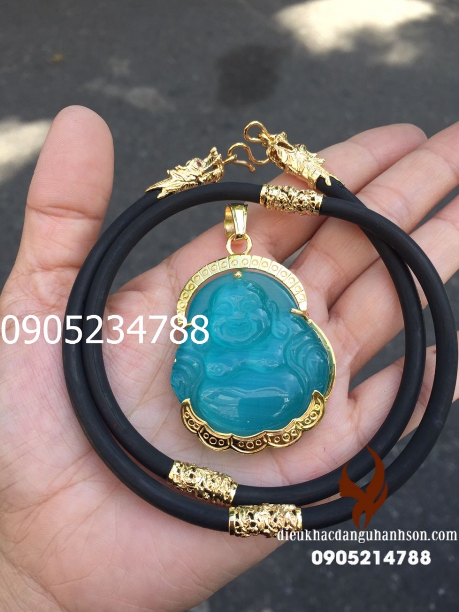 Phật di lặc đá Mắt mèo lên vàng tây kèm dây rồng 10k PDLV01