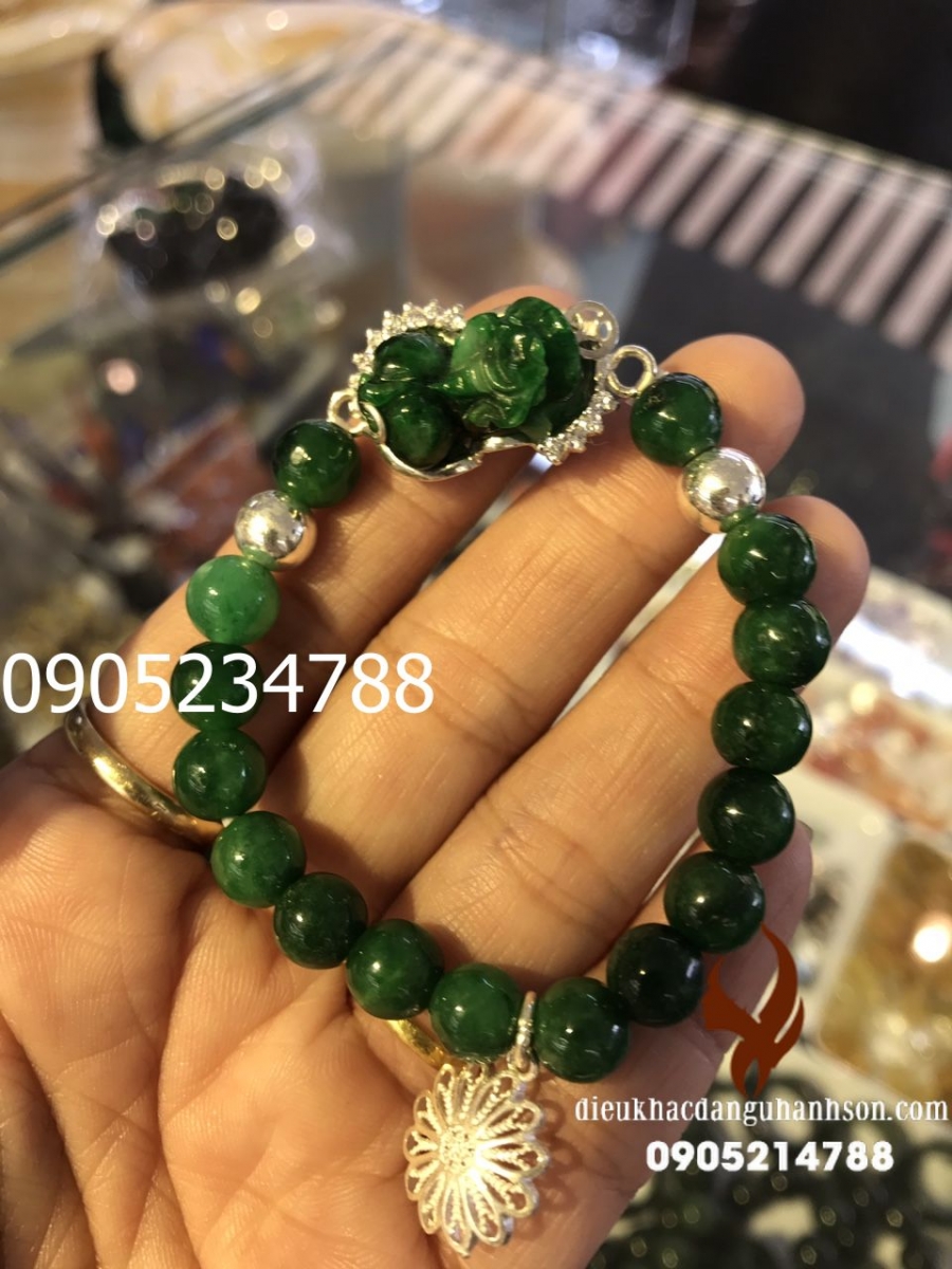 Vòng Tay tỳ hưu Ngọc cẩm thạch mix bạc ta nguyên chất chất  VTTH20