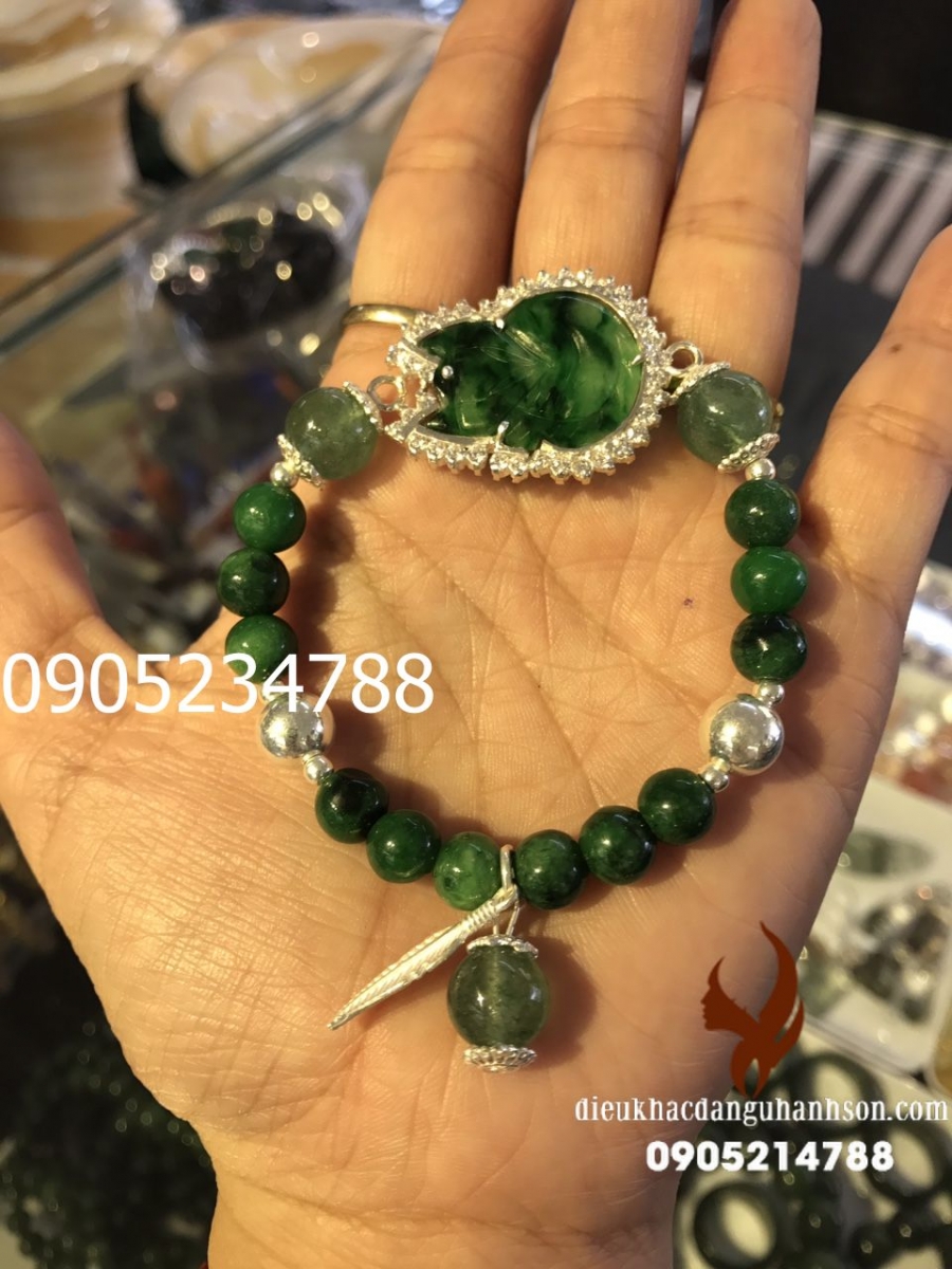 Vòng Tay tỳ hưu Ngọc cẩm thạch mix bạc ta nguyên chất chất  VTTH21