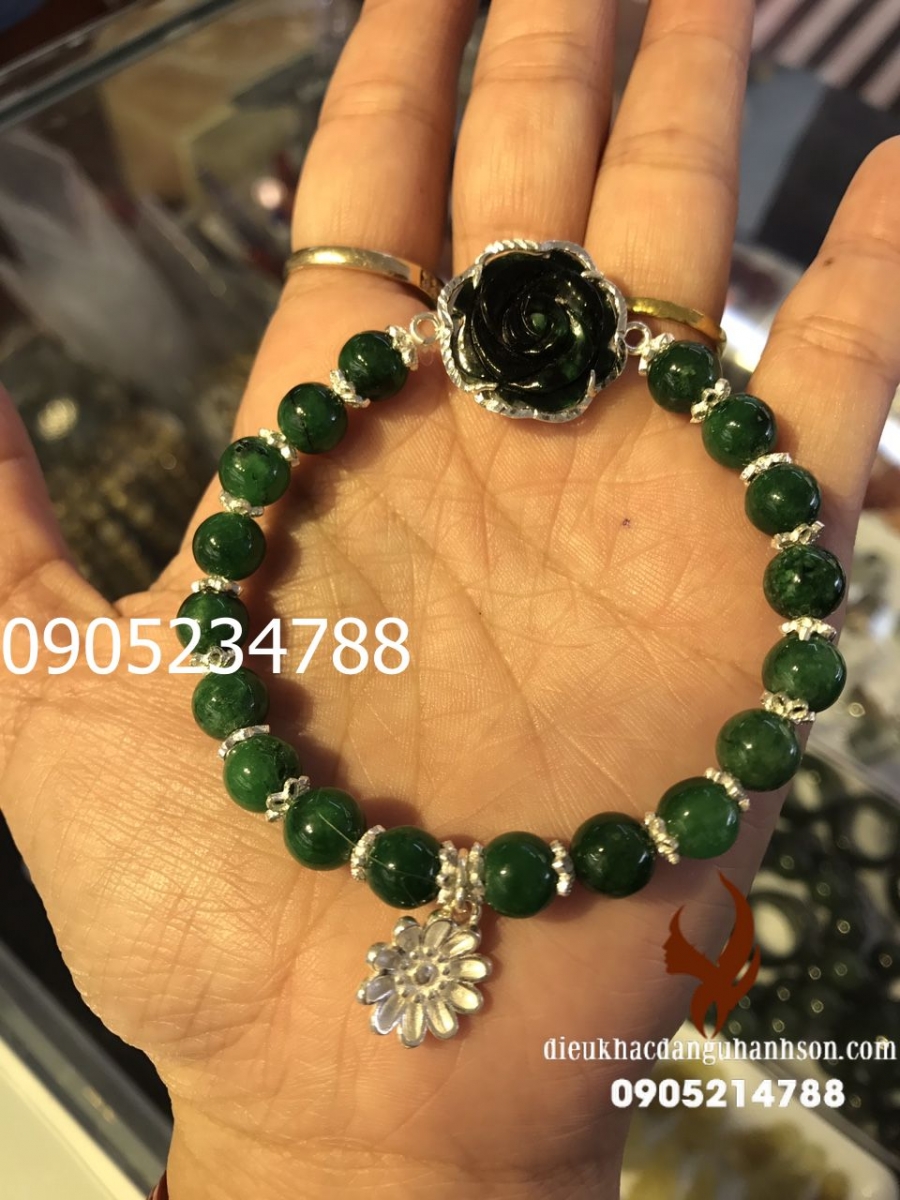 Vòng Tay Hoa mẫu đơn Ngọc cẩm thạch mix bạc ta nguyên chất chất  HMD03
