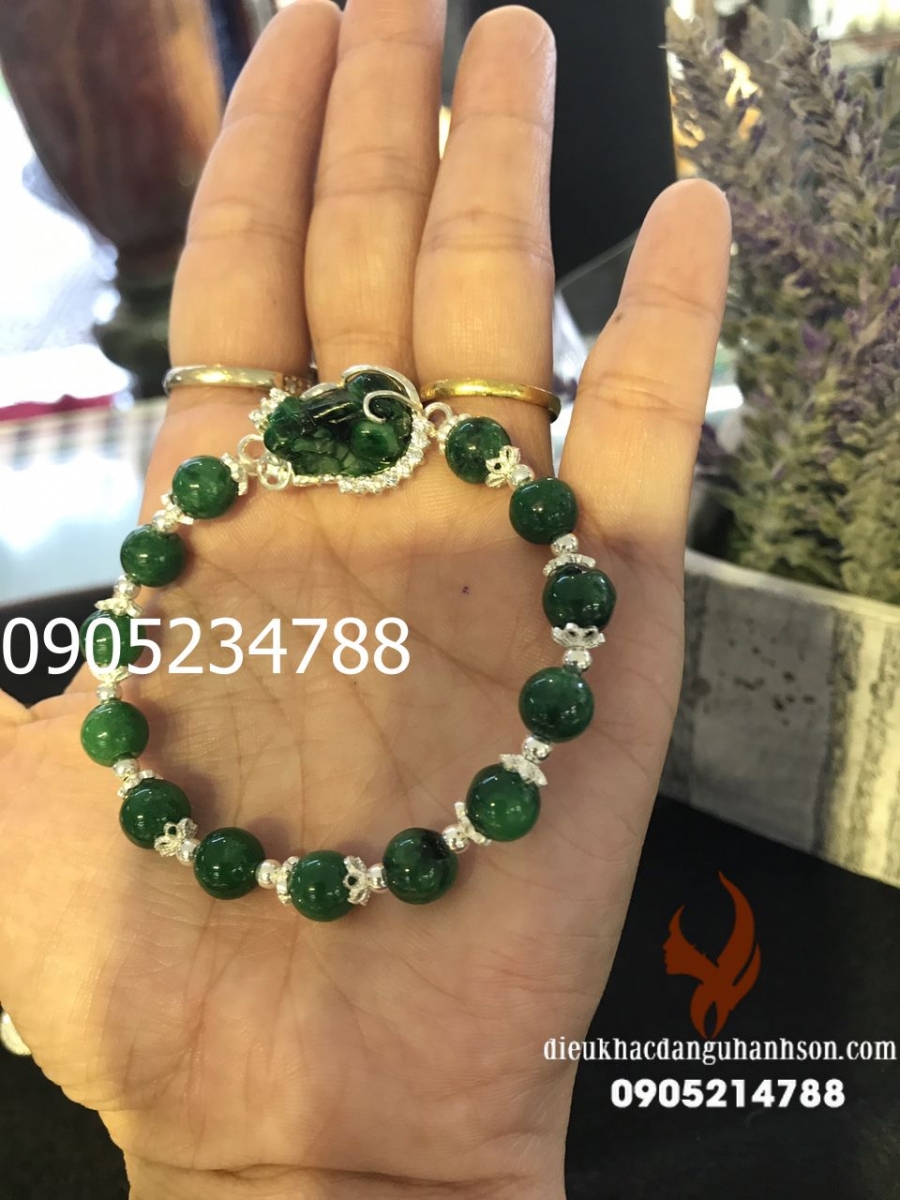 Vòng Tay Tỳ hưu Ngọc cẩm thạch mix bạc ta nguyên chất chất  VTTH22