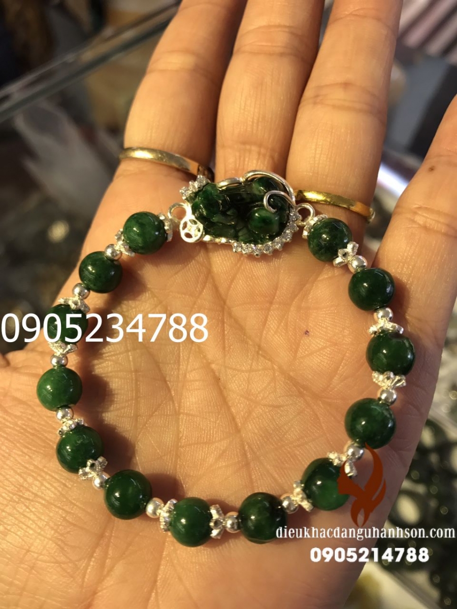 Vòng Tay Tỳ hưu Ngọc cẩm thạch mix bạc ta nguyên chất chất  VTTH23