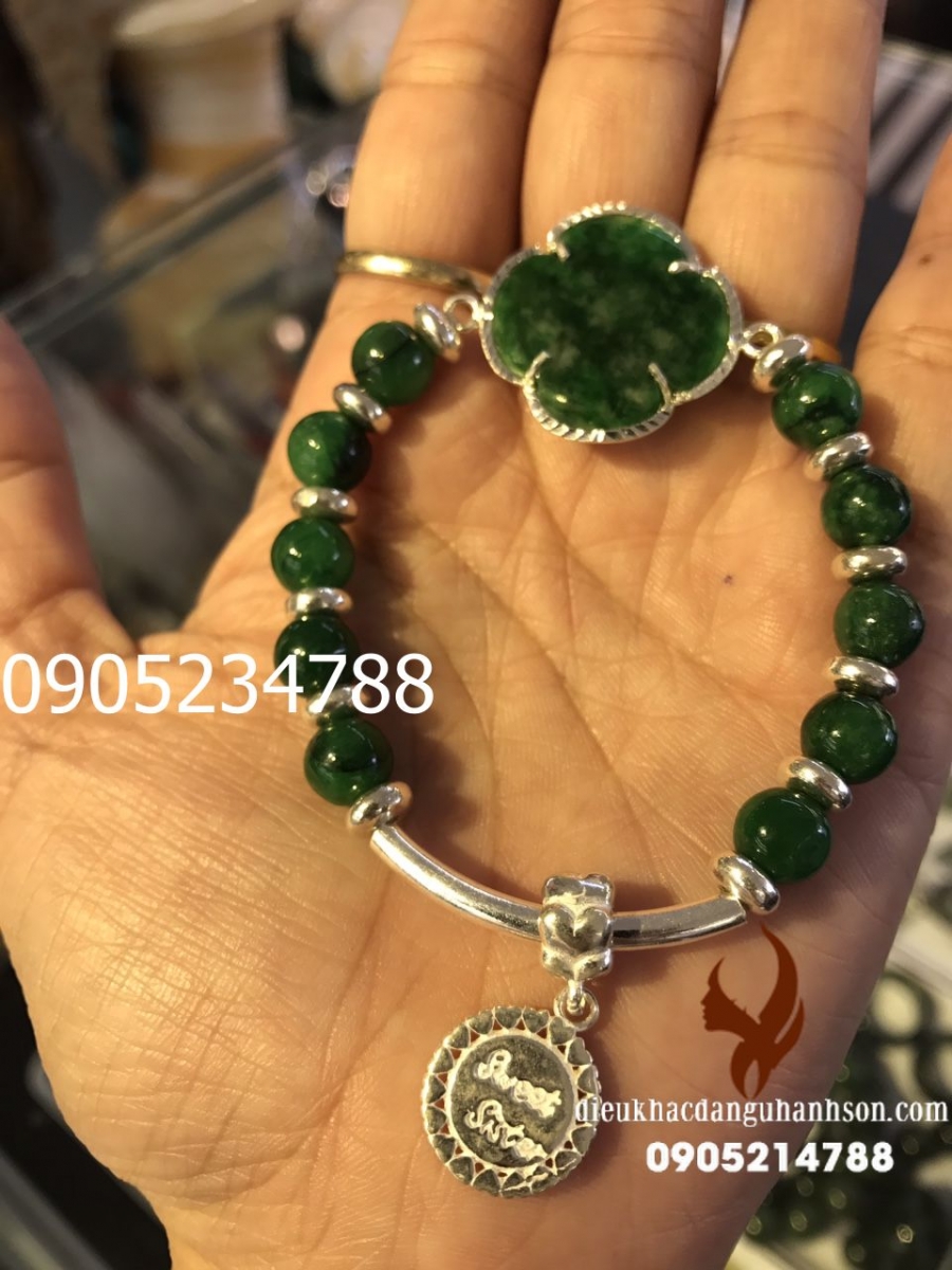 Vòng Tay Cỏ Bốn Lá Ngọc cẩm thạch mix bạc ta nguyên chất CBL01