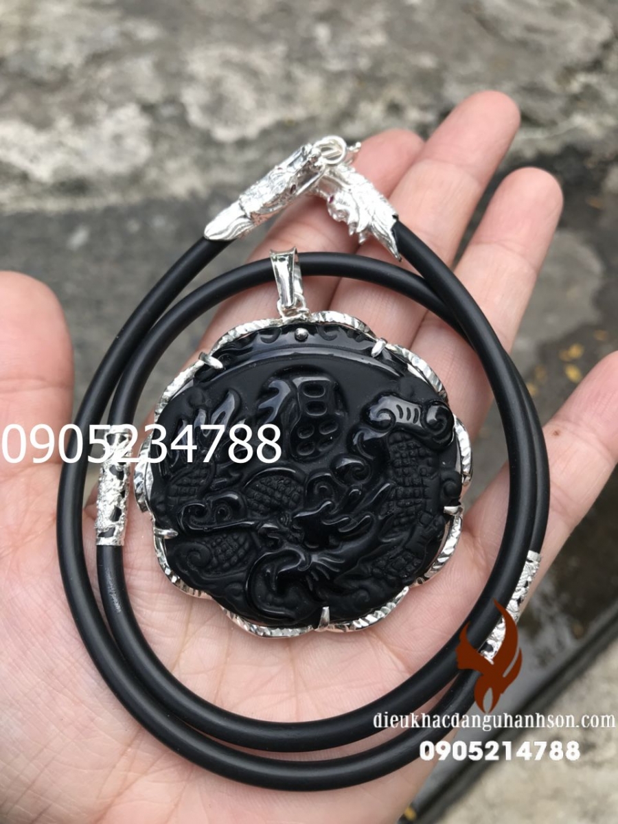 Mặt dây chuyền rồng đá obisidian ốp bạc nguyên chất kèm dây rồng RP45