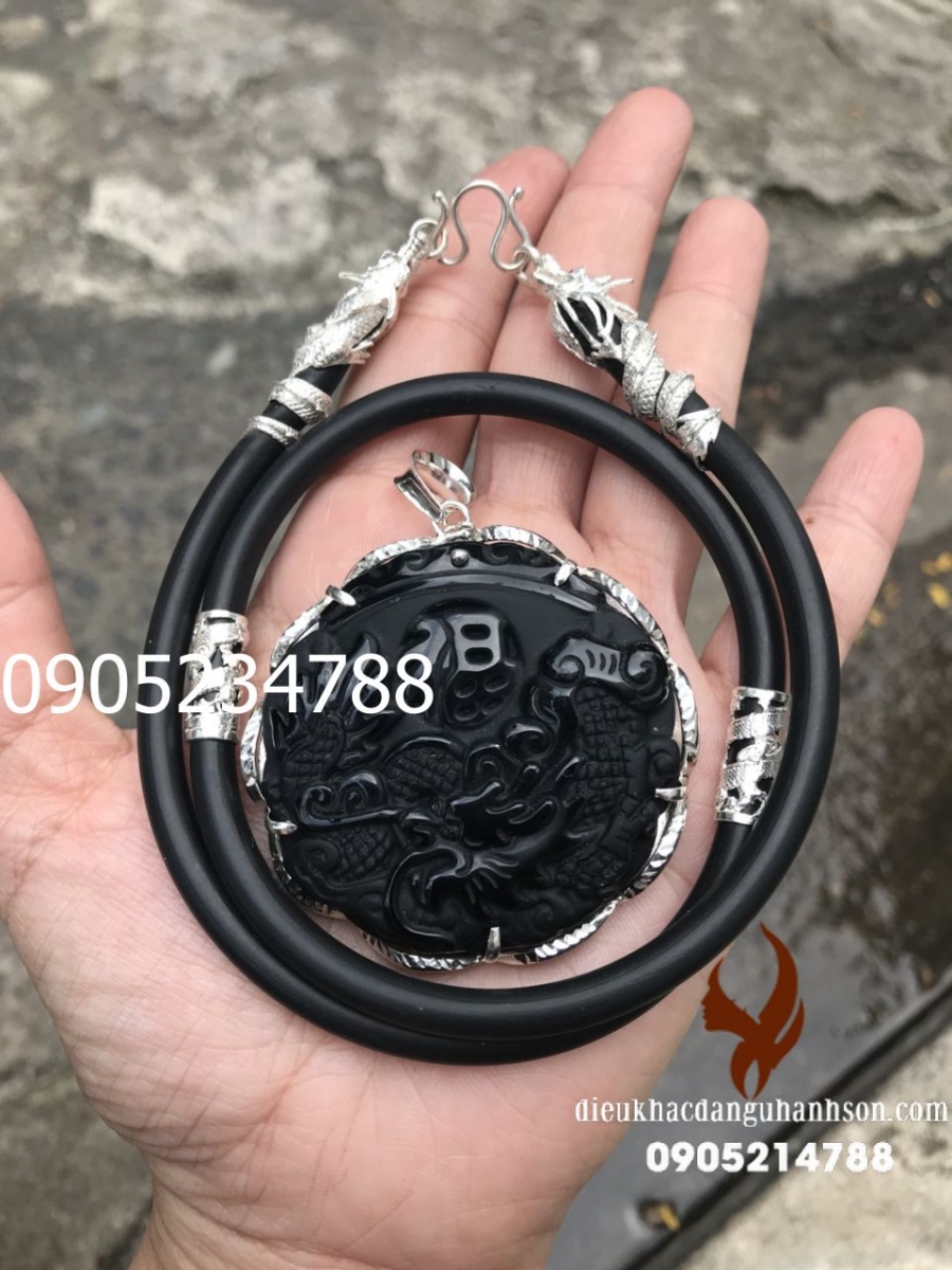 Mặt dây chuyền rồng đá obisidian ốp bạc nguyên chất kèm dây rồng RP46