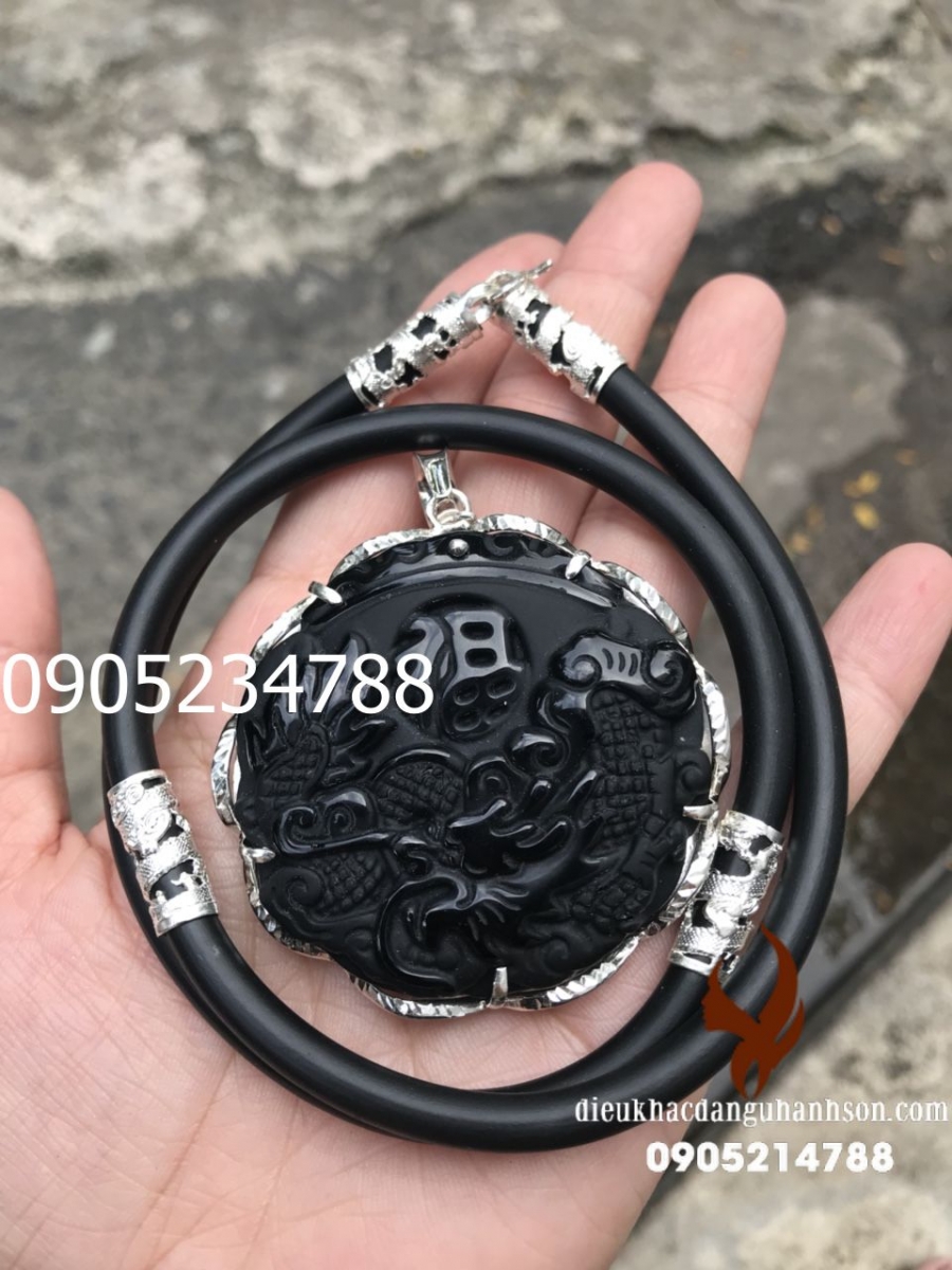 Mặt dây chuyền rồng đá obisidian ốp bạc nguyên chất kèm dây rồng RP47