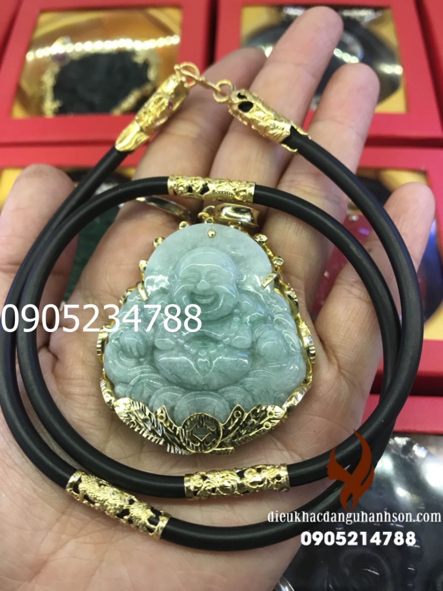 Mặt dây chuyền phật di lặc ngọc cẩm thạch tự nhiên ốp vàng tây 10k  (Mã sản phẩm: DL70)