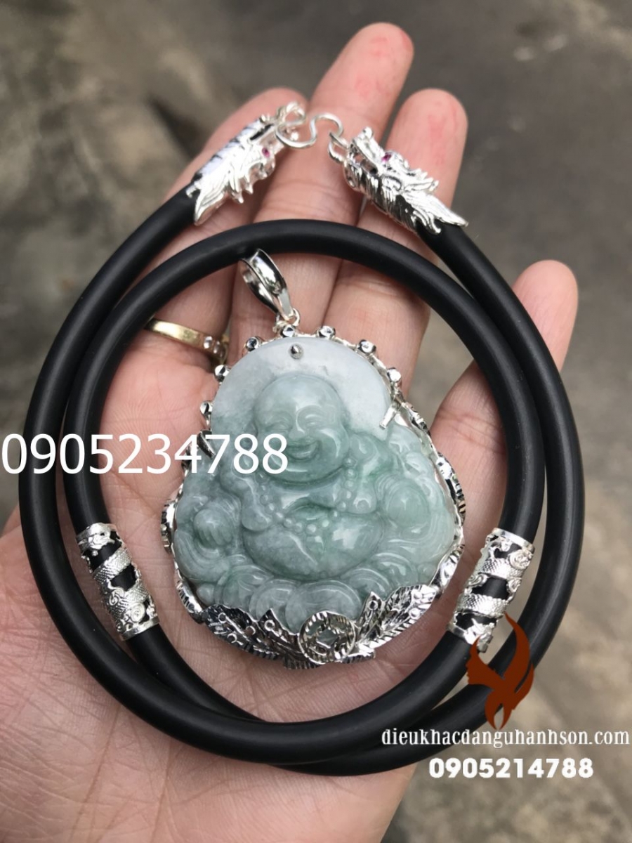 Mặt dây chuyền phật di lặc  Ngọc cẩm thạch ốp bạc ta nguyên chất kèm dây rồng DL72