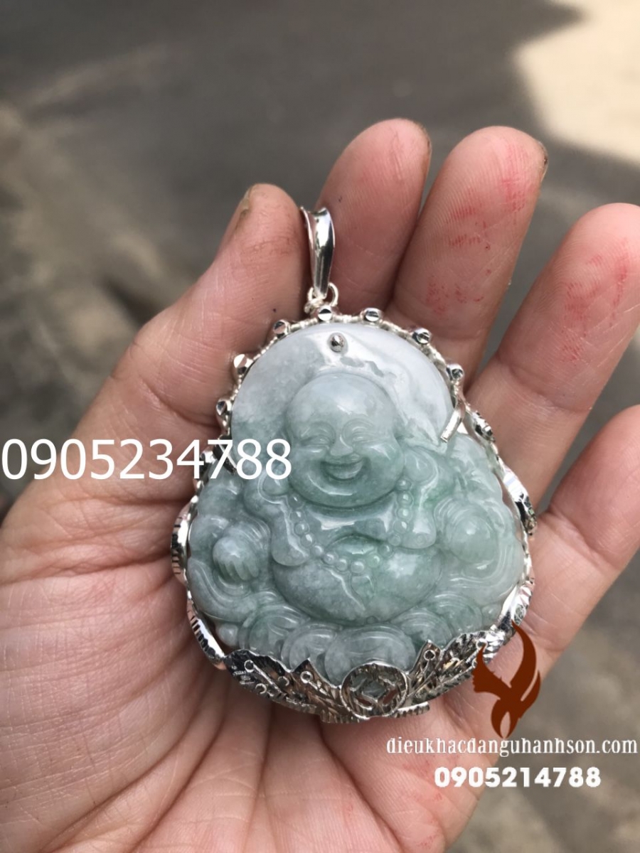 Mặt dây chuyền phật di lặc  Ngọc cẩm thạch ốp bạc ta nguyên chất kèm dây rồng DL73