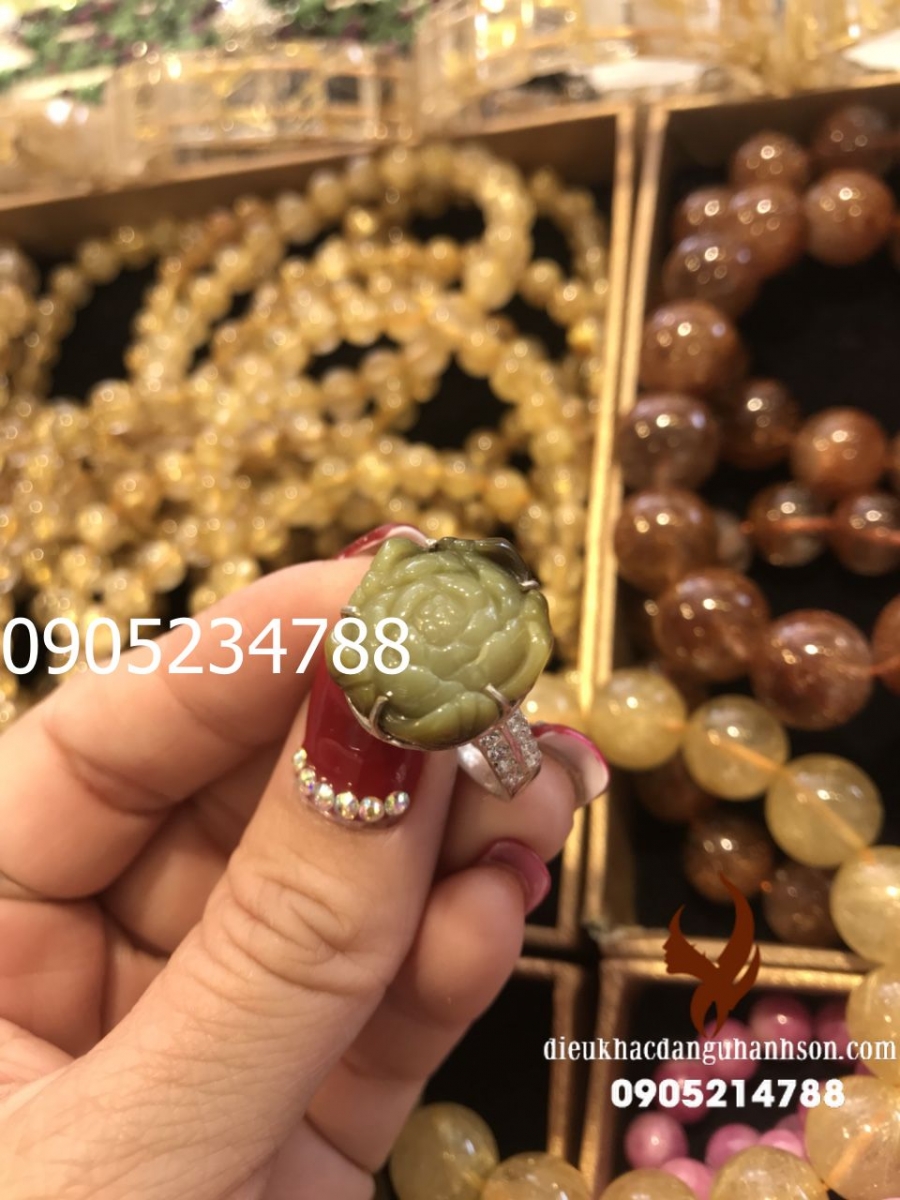 Nhẫn Hoa mẫu đơn đá tourmalin thiên nhiên ốp bạc ta nguyên chất  (Mã sản phẩm: HMD11)